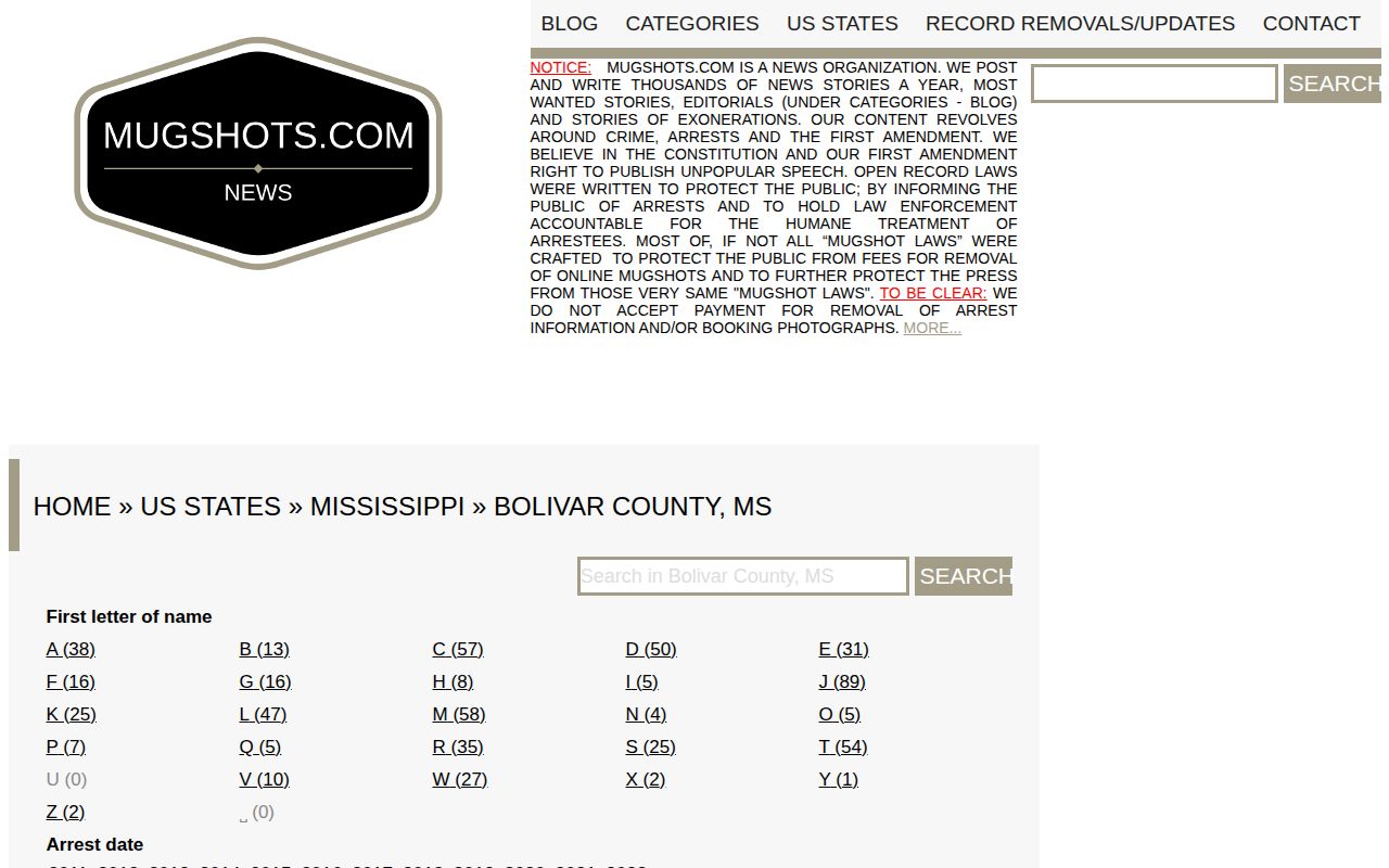 Bolivar County commercial mugshot archive context, not an official booking record