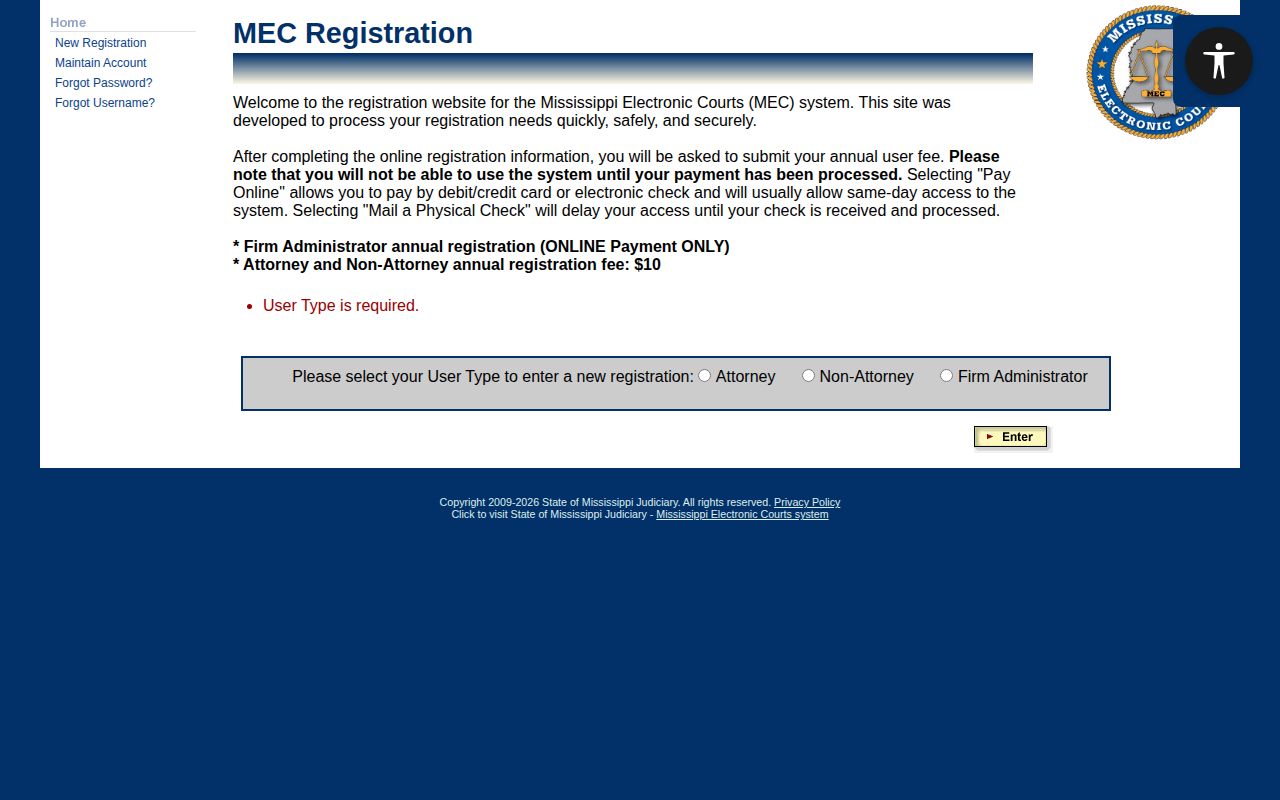 Bolivar County court record access through Mississippi PAMEC registration